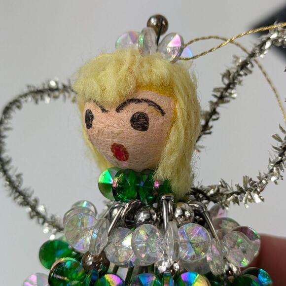 Vintage Beaded Christmas Ornament Cross Safety Pin Angel Green 90s Handmade OOAK - Picture 10 of 15